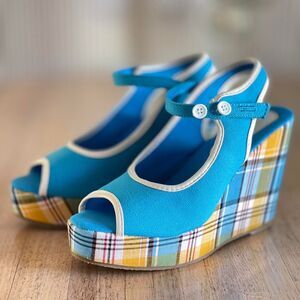 Vintage Y2K Blue Plaid Wedge Sandals Slingback Canvas Platform Shoes Size 7.5